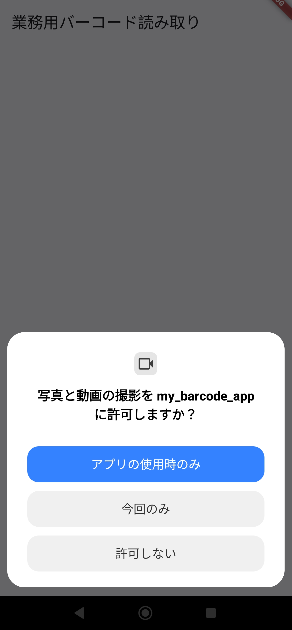 起動直後の画面：カメラプレビューと操作UIが表示されている