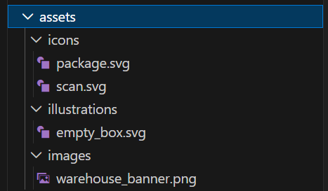 VS Code Explorer で assets ディレクトリ構成を確認している様子
