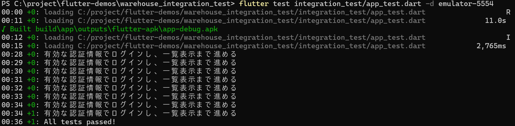 Integration Test が成功した terminal 出力