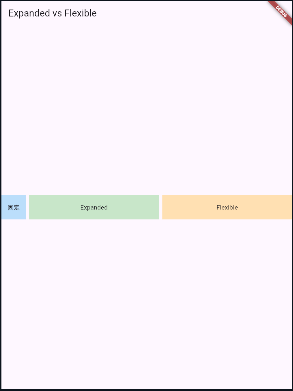 Expanded vs Flexible の実行結果。Expanded が残り領域を広く使い、Flexible はテキスト幅に近い範囲に収まっている