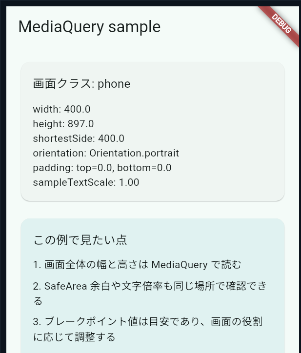 MediaQueryサンプル：phone（幅400）
