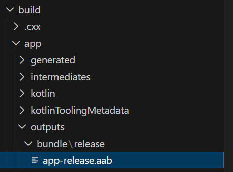 AAB の出力確認：build/app/outputs/bundle/release/app-release.aab が生成されている