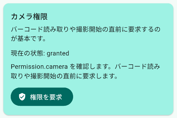 カメラ権限カードが granted になっている。