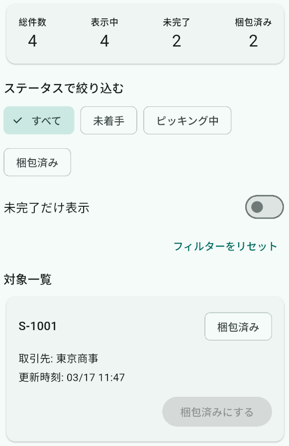 梱包済みにするを押した直後。件数カードの未完了と梱包済みの数が更新されている