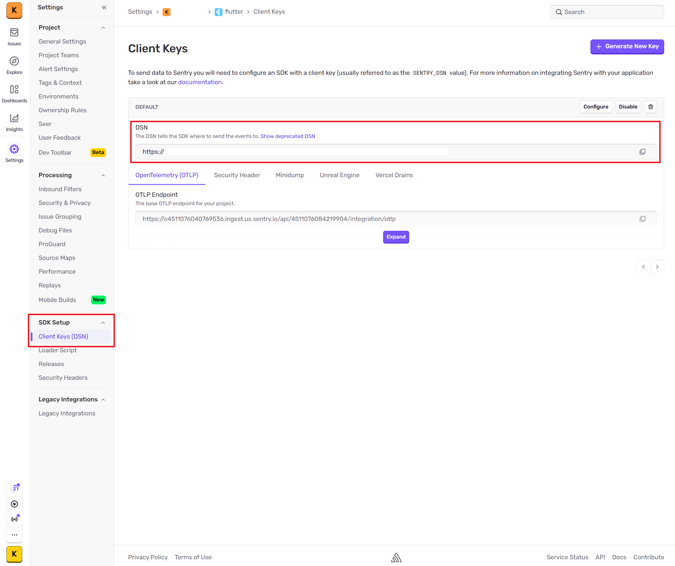 Sentry の Client Keys (DSN) 画面で DSN の場所を確認する
