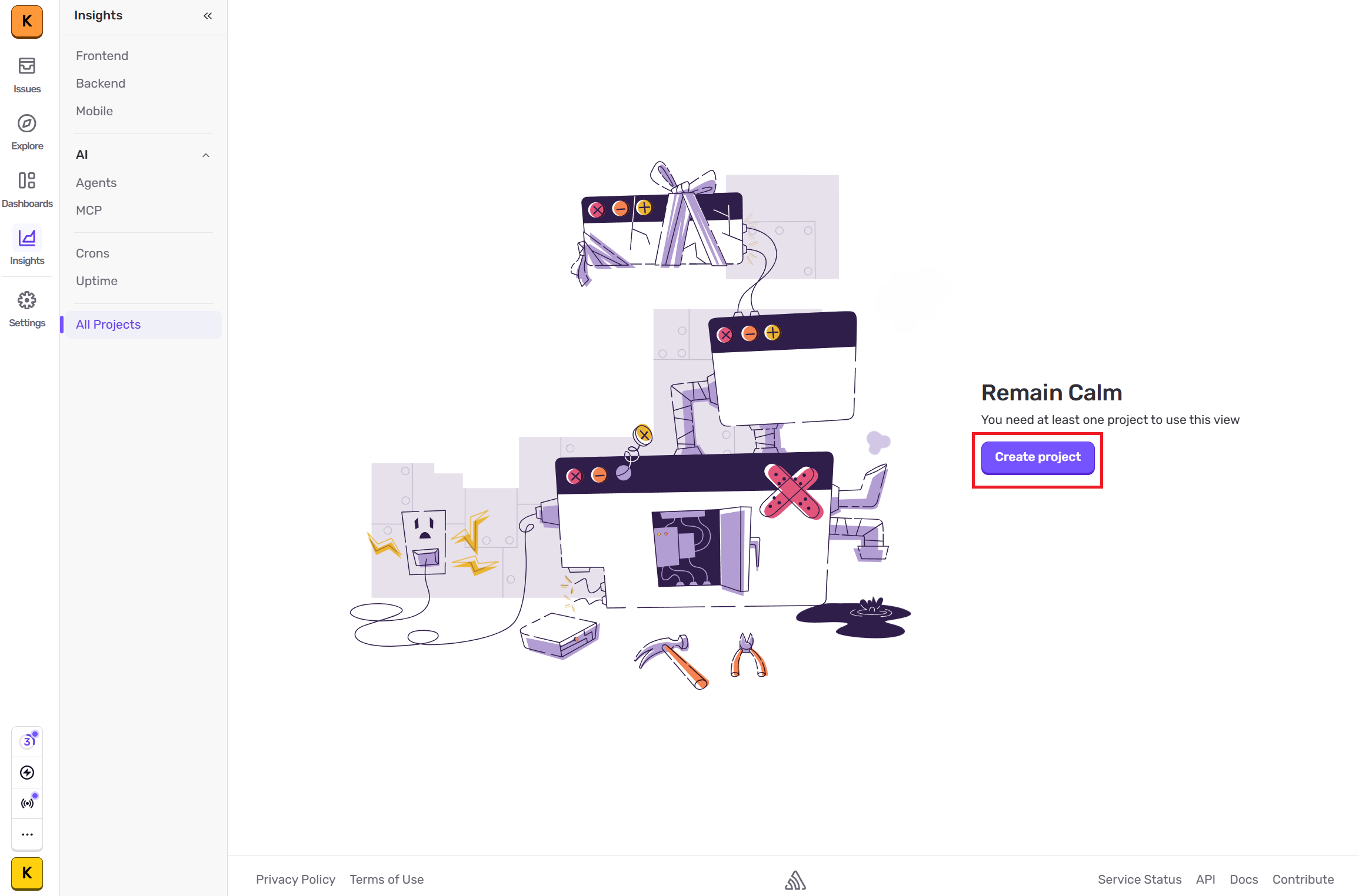 Sentry の All Projects 画面から Create project を押す