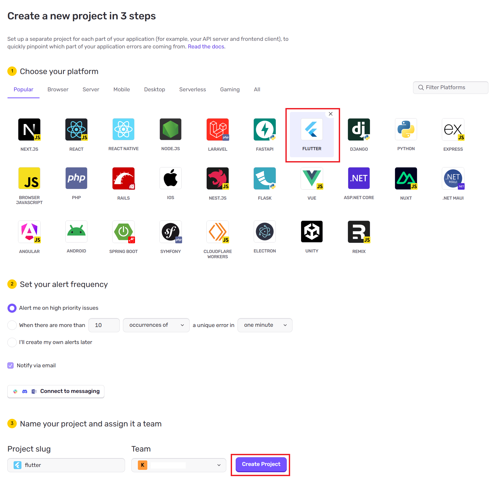 Sentry の新規プロジェクト作成画面で Flutter を選ぶ