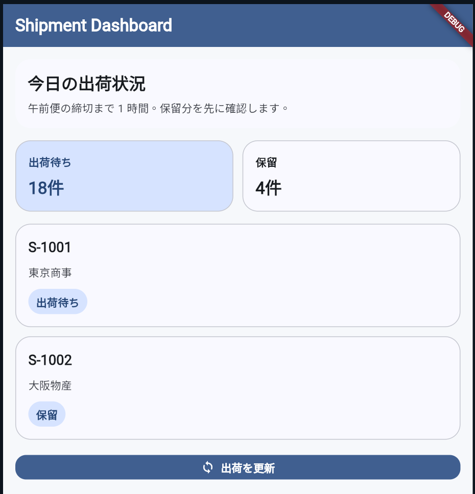 ThemeData適用後のダッシュボード画面