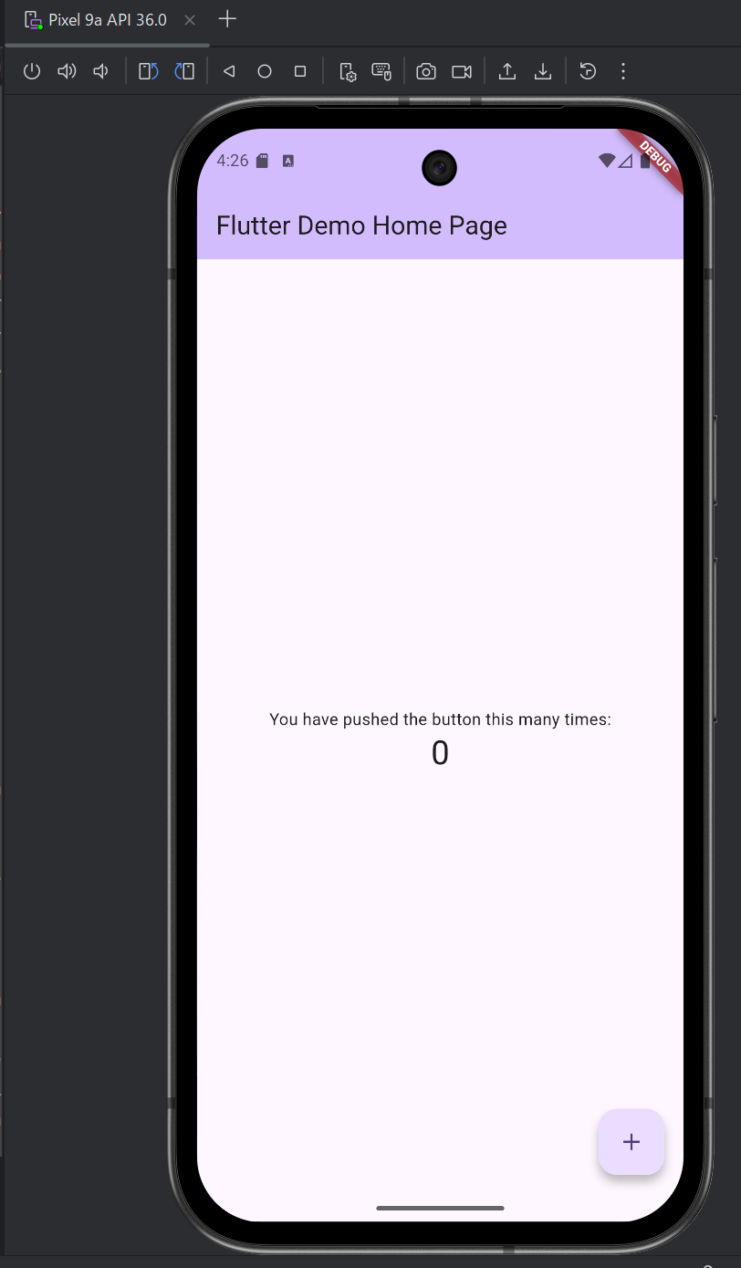 Android Emulator で Flutter の初期カウンターアプリが表示された画面