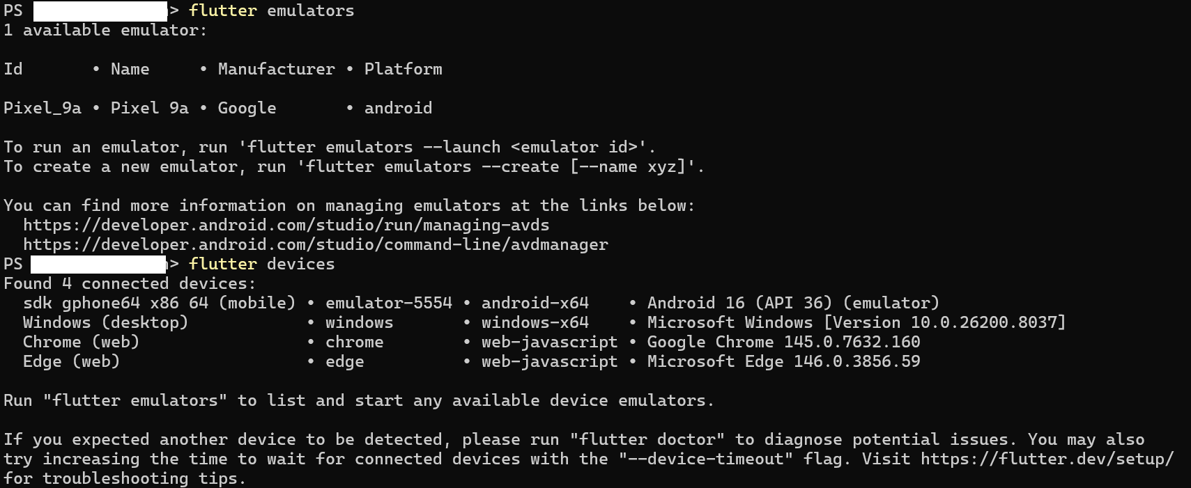 flutter devices で Android Emulator が見えている画面
