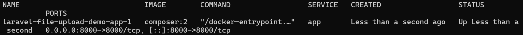 docker compose ps で app コンテナが起動している状態