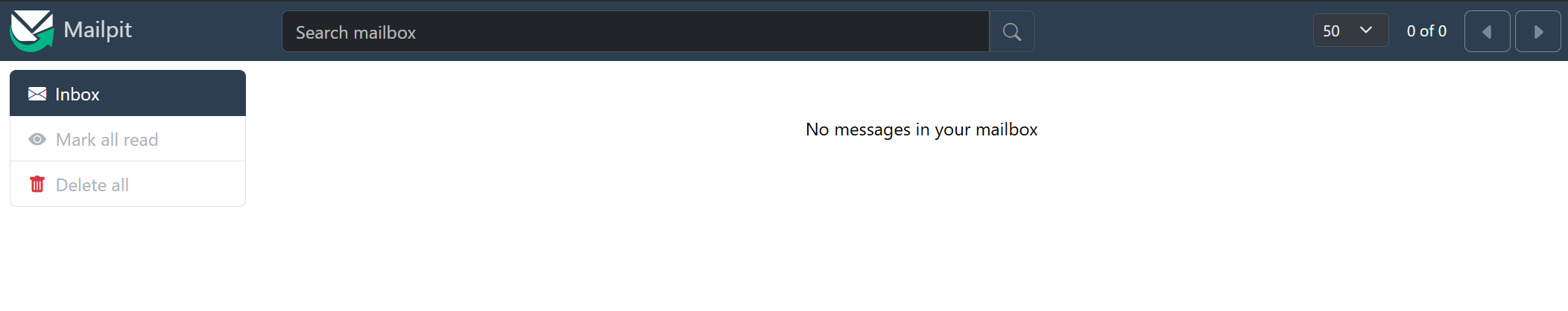 Mailpit inbox の初期表示。メールは 0 件