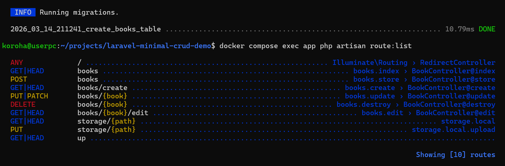 migration 実行と route:list の出力