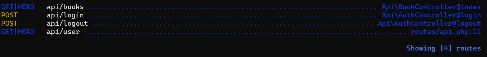 route:list --path=api の結果。api/login api/logout api/books api/user が並んでいる状態