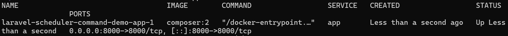 docker compose ps で app コンテナが起動している画面