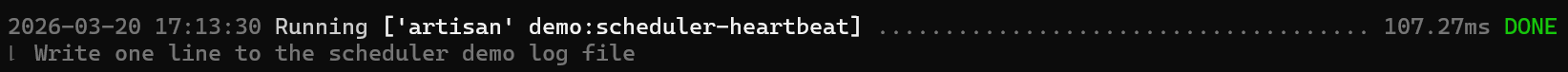 schedule:run で demo:scheduler-heartbeat が実行された結果