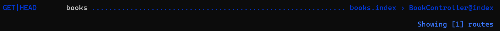 route:list --name=books の結果。books.index が見えている状態