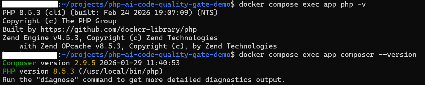 コンテナ起動後のPHPとComposerのバージョン確認