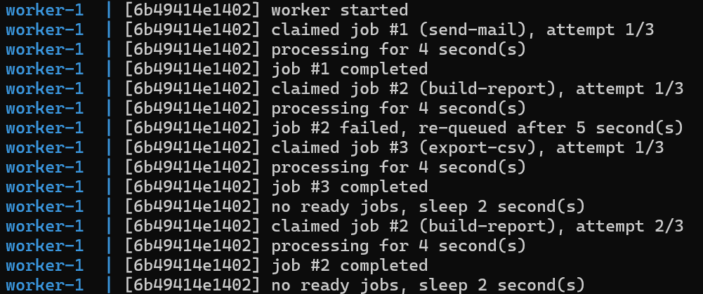 1 ワーカー実行時の worker ログ