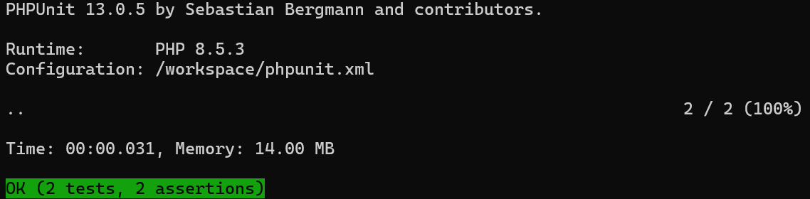 ローカルでcomposer validate --strictとcomposer testが成功しているターミナル出力