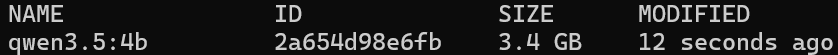 ollama list に qwen3.5:4b が表示されている様子