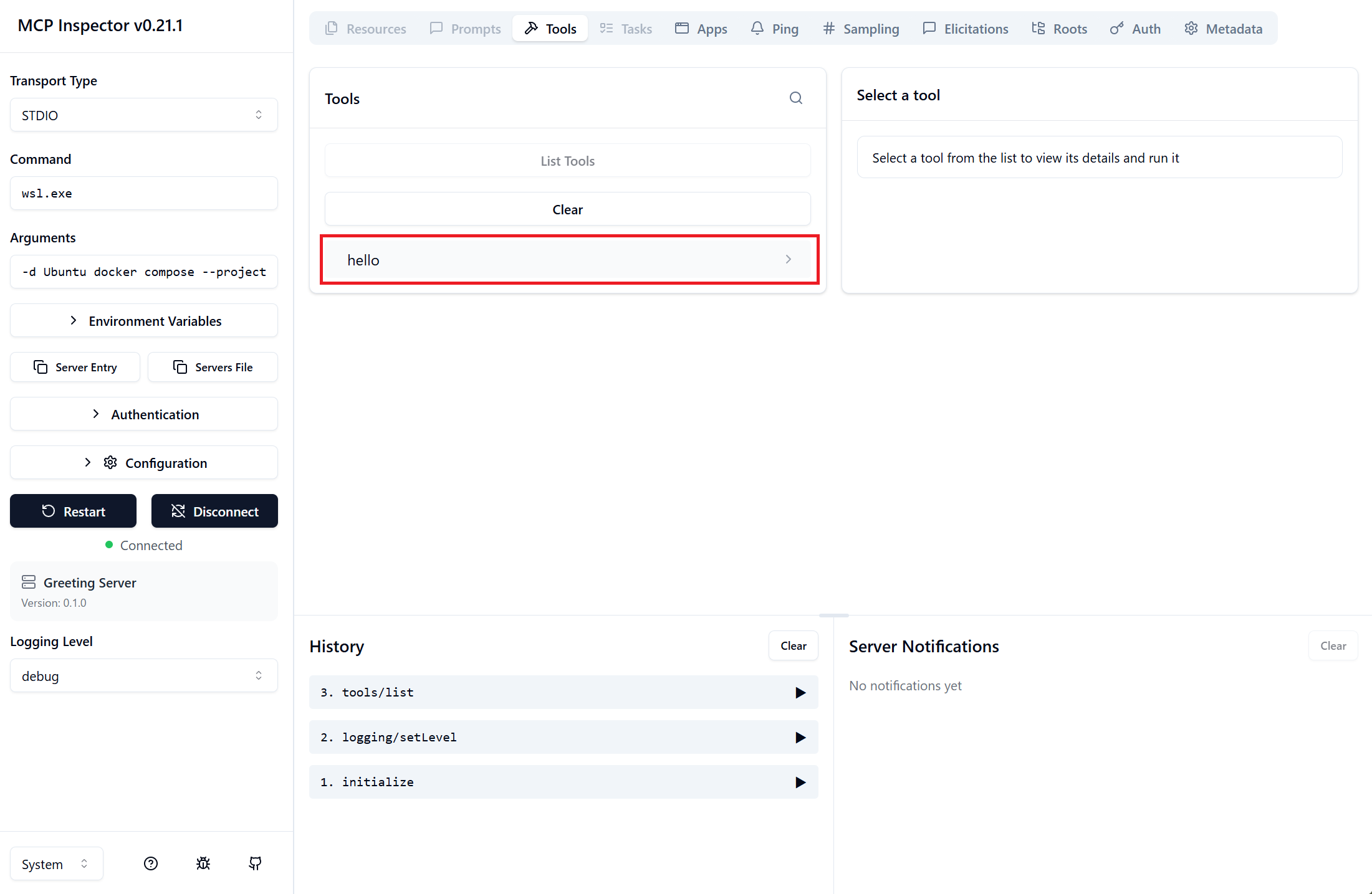 Inspector に hello Tool が表示された状態