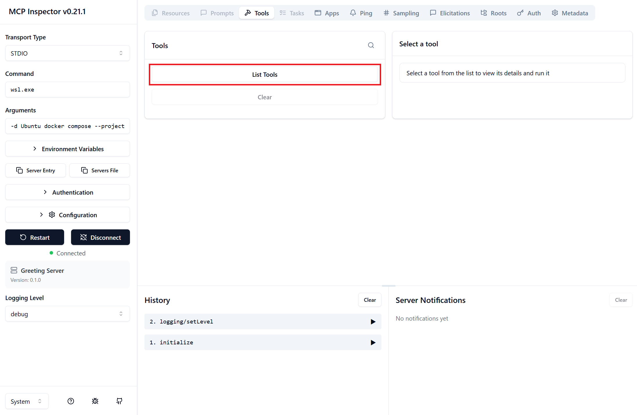 Inspector の Tools タブで List Tools を実行する画面