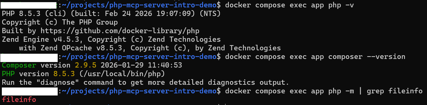 コンテナ内の PHP と Composer、fileinfo の確認結果