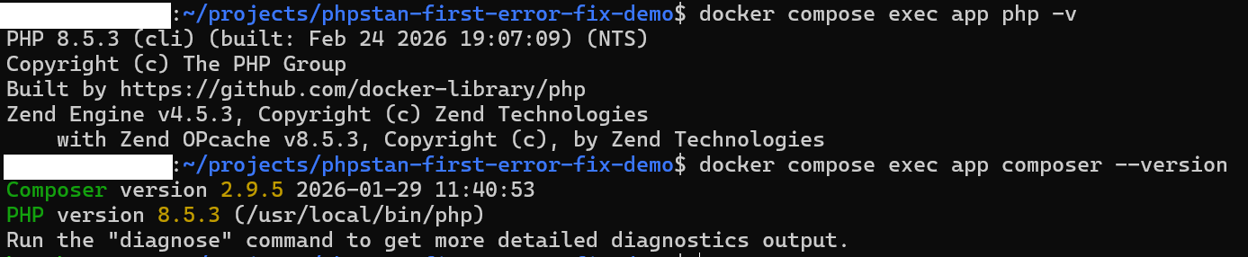 Docker と PHP / Composer の起動確認画面