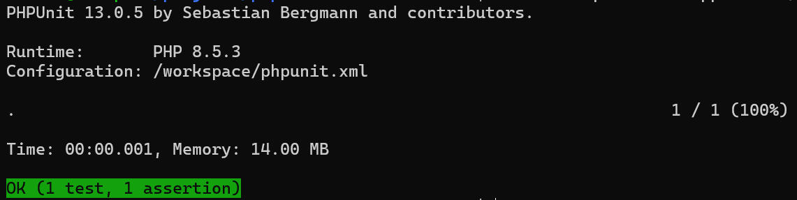 PHPUnit 13 の成功出力