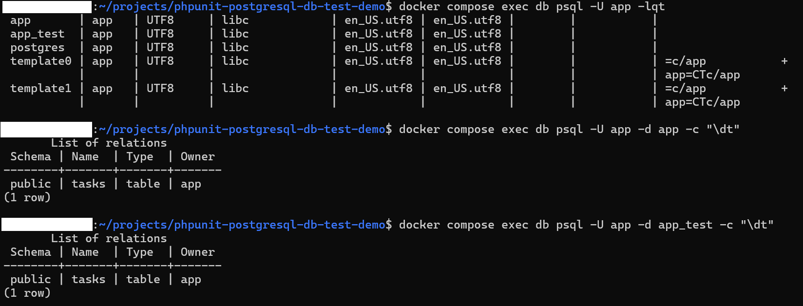 app と app_test の DB 一覧と tasks テーブル確認