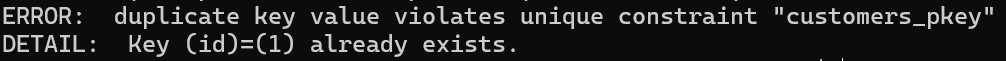 PRIMARY KEY 違反エラー — duplicate key value violates unique constraint "customers_pkey"