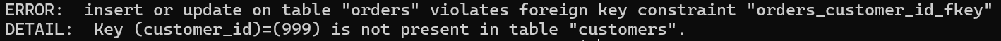 FOREIGN KEY 違反エラー — Key (customer_id)=(999) is not present in table "customers"