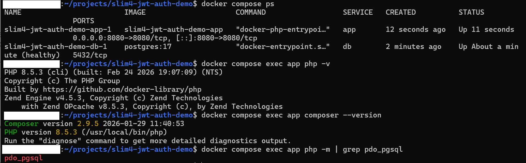 docker compose ps と pdo_pgsql の確認画面